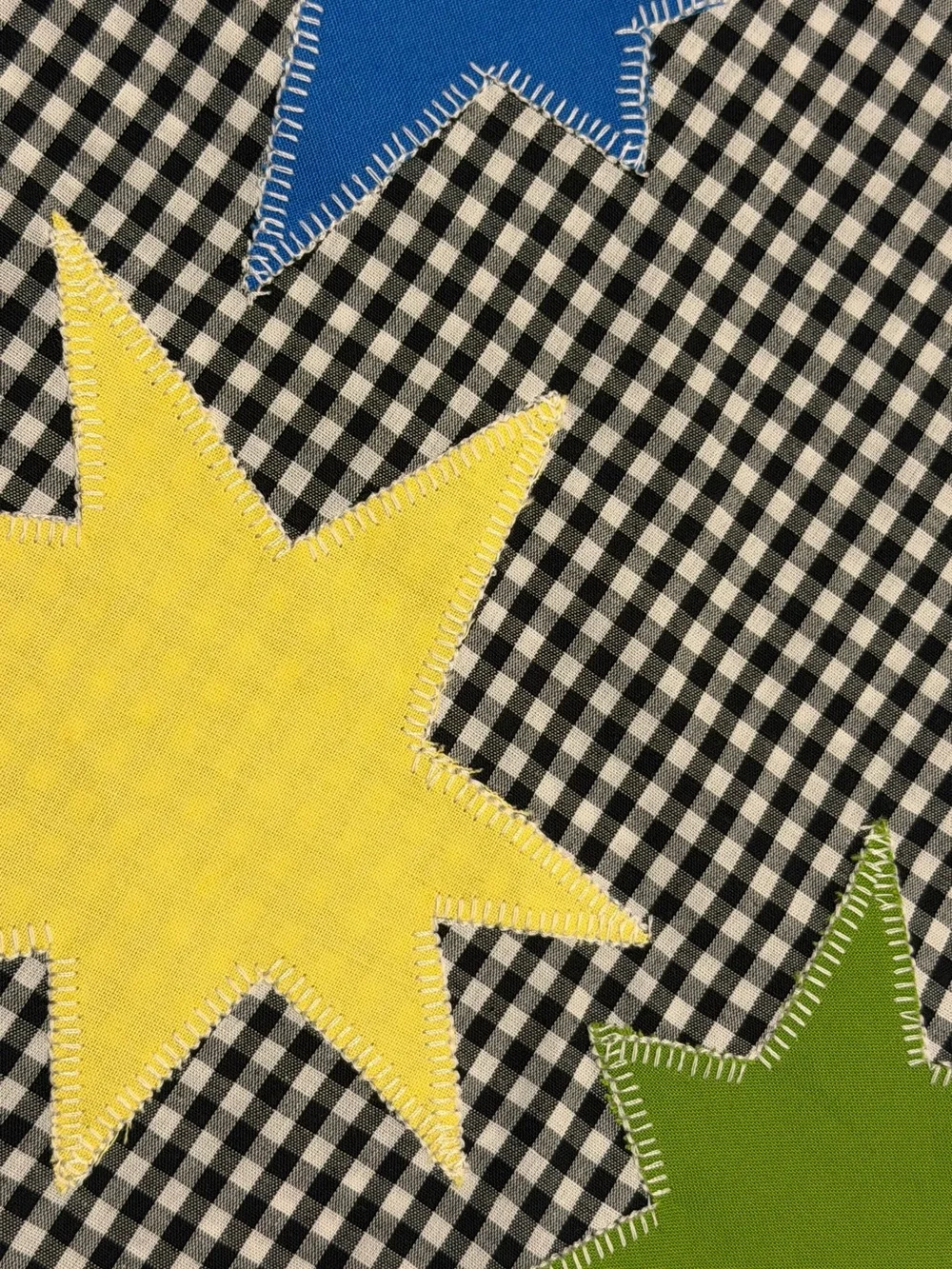 Handmade Black Gingham Kids Headscarf with Blue Yellow and Green Star Appliqués